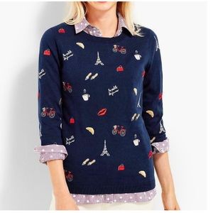 TALBOTS Crew Neck 3/4 Sleeve Sweater Embroidered Paris Navy Blue LARGE